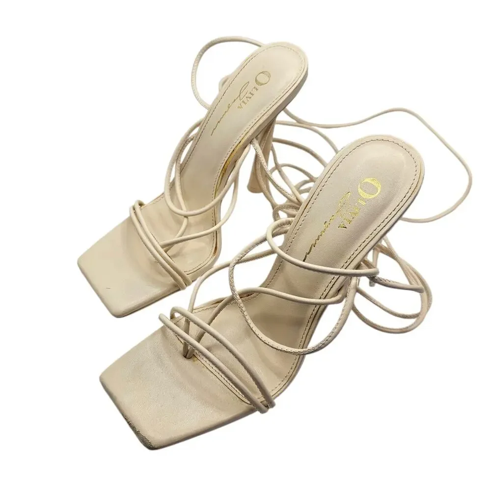 Olivia Jaymes Cream White Square Toe Lace Up Strap Cottagecore Sandal Heels - Picture 2 of 9